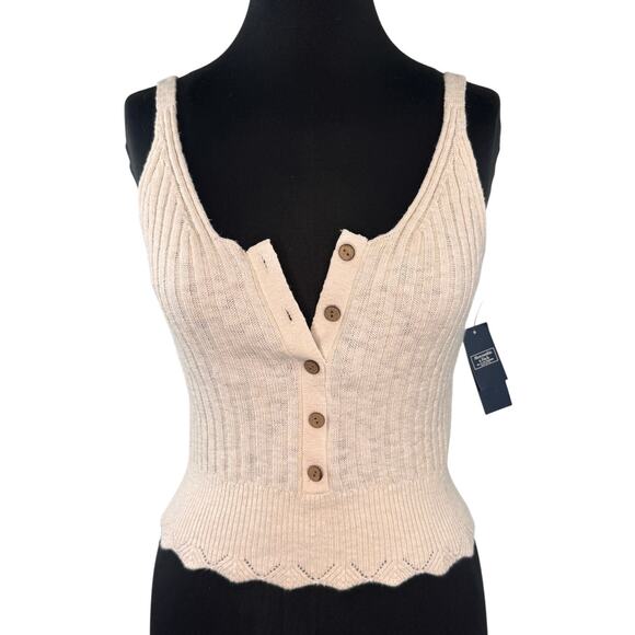 Abercrombie & Fitch Ivory Tank Top Cotton Ribbed Knit Scalloped Hem Medium M NEW - Picture 1 of 5